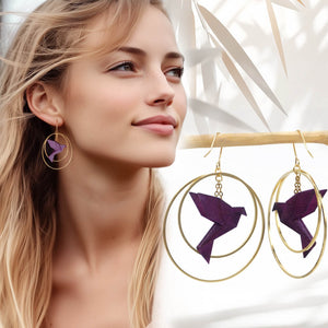 Boucles d'Oreilles Colorées🎨oiseau Origami |Double Créoles dorées