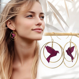 Boucles d'Oreilles Colorées🎨oiseau Origami |Double Créoles dorées