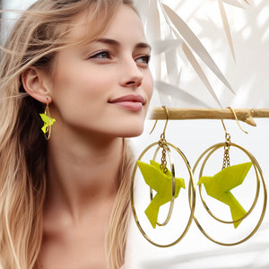 Boucles d'Oreilles Colorées🎨oiseau Origami |Double Créoles dorées