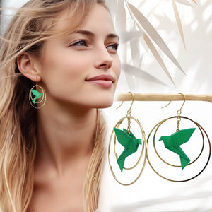 Boucles d'Oreilles Colorées🎨oiseau Origami |Double Créoles dorées