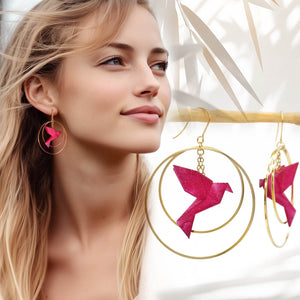 Boucles d'Oreilles Colorées🎨oiseau Origami |Double Créoles dorées