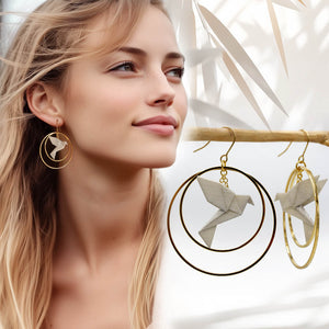 Boucles d'Oreilles Colorées🎨oiseau Origami |Double Créoles dorées