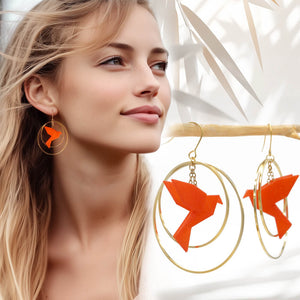 Boucles d'Oreilles Colorées🎨oiseau Origami |Double Créoles dorées