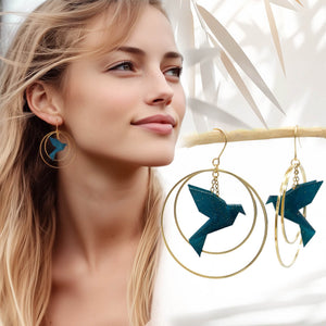 Boucles d'Oreilles Colorées🎨oiseau Origami |Double Créoles dorées