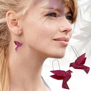 Boucles d'Oreilles Colorées 🎨 Oiseau Origami | Crochet argenté