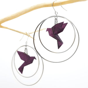 Boucles d'oreilles oiseau Origami BIRDY créoles argentées